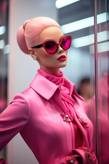 Pink barbie doll with glasses at the prada store in the style of high quality photo high detailed