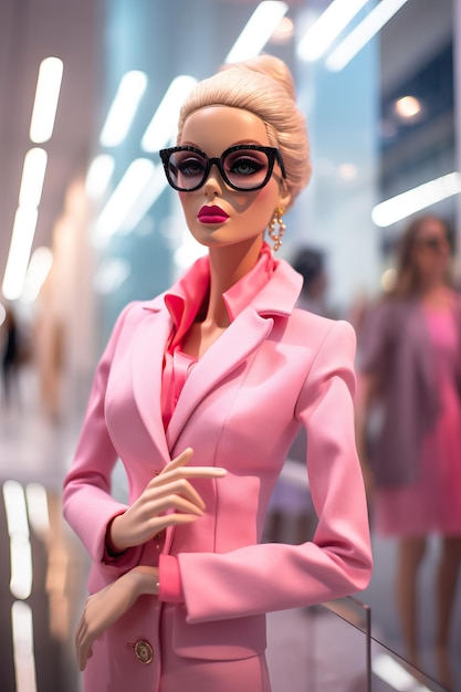 Foto barbie rosa con occhiali nel negozio prada nello stile di foto di alta qualità ad alto dettaglio