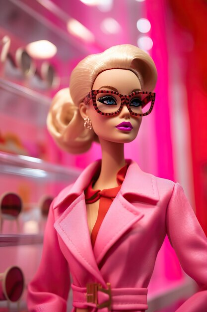 Foto barbie rosa con occhiali nel negozio prada nello stile di foto di alta qualità ad alto dettaglio