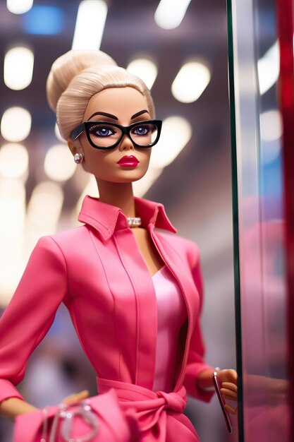 Foto barbie rosa con occhiali nel negozio prada nello stile di foto di alta qualità ad alto dettaglio