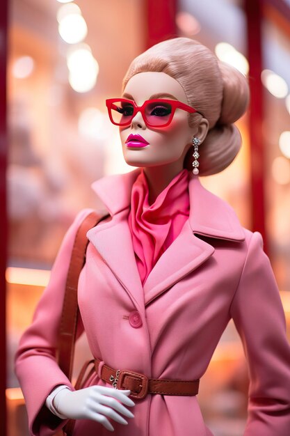 Pink barbie doll with glasses at the prada store in the style of high quality photo high detailed