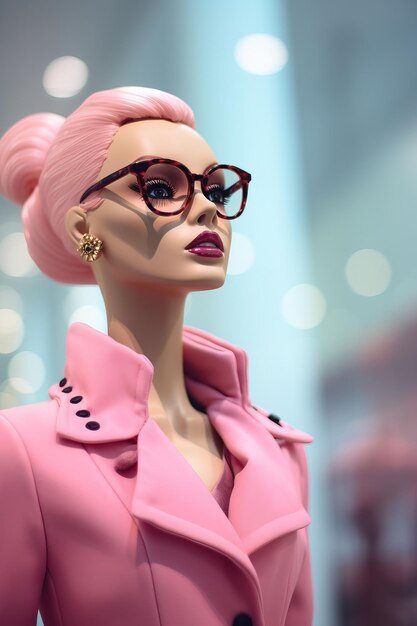 Pink barbie doll with glasses at the prada store in the style of high quality photo high detailed