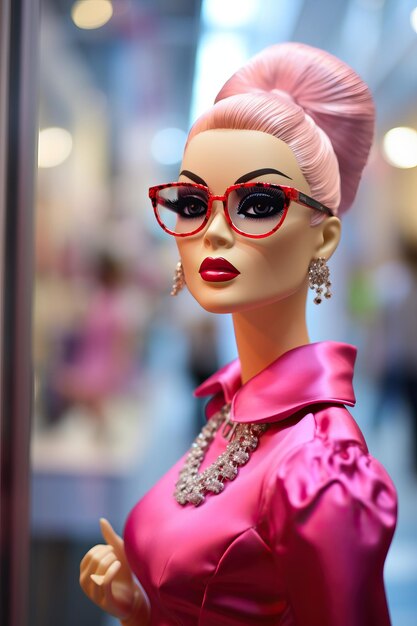 Photo pink barbie doll with glasses at the prada store in the style of high quality photo high detailed