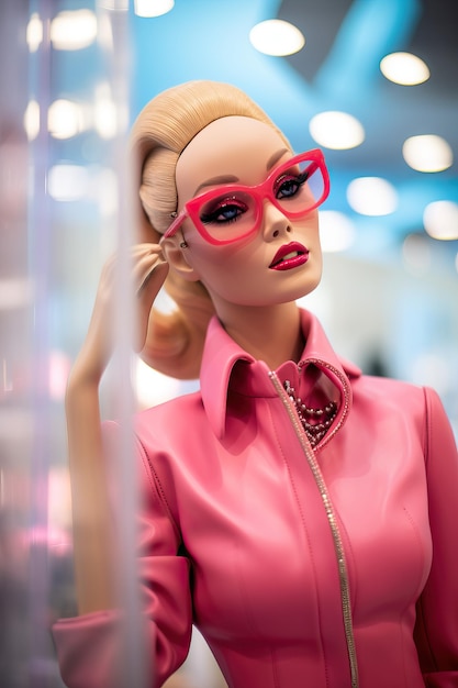 Photo pink barbie doll with glasses at the prada store in the style of high quality photo high detailed