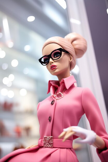 Foto barbie rosa con occhiali nel negozio prada nello stile di foto di alta qualità ad alto dettaglio