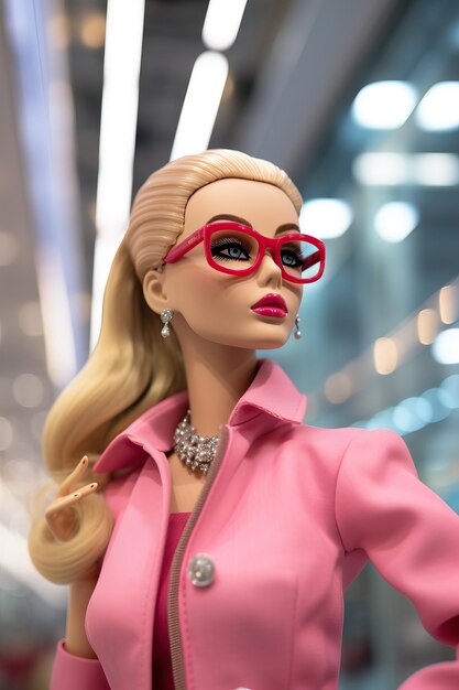 Photo pink barbie doll with glasses at the prada store in the style of high quality photo high detailed
