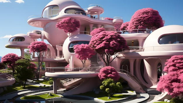 Pink barbie house in round grass with pink playground in the style of futuristic world