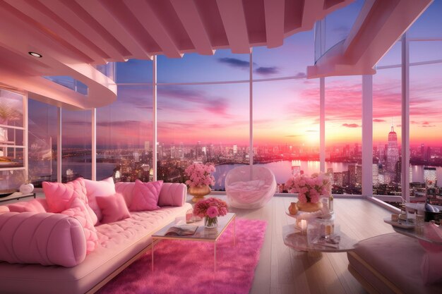 Photo pink barbie interior style of penthouse with sunset view on big city barbie concept generative ai