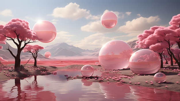 Pink barbie landscape in pink planet world with dreamy tree in the style of futuristic world