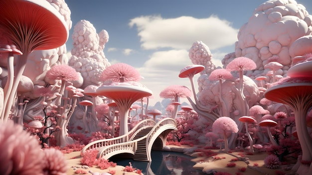미래 세계 스타일의 분홍색 숲이 있는 분홍색 행성에 있는 분홍색 바비 버섯 집