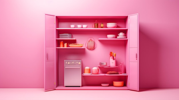 Pink barbie pabtry interior with pink shelves and cupboard 3d rendering