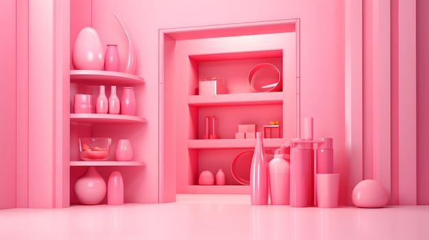 Pink barbie pabtry interior with pink shelves and cupboard 3d rendering