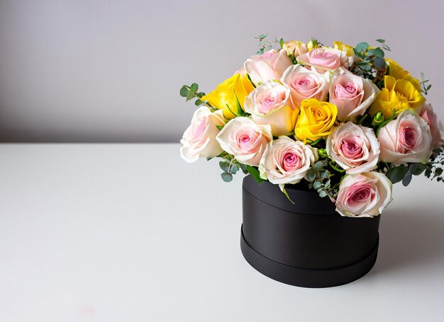 Pink basket with spring flower arrangement