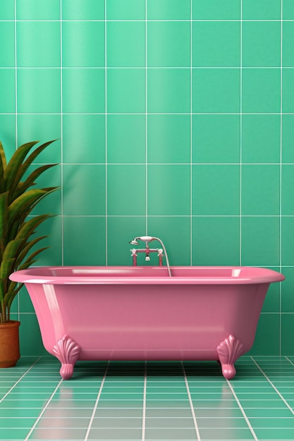 Pink Bath Cute Bathtub bathtub on the background wall tile pink and green palette