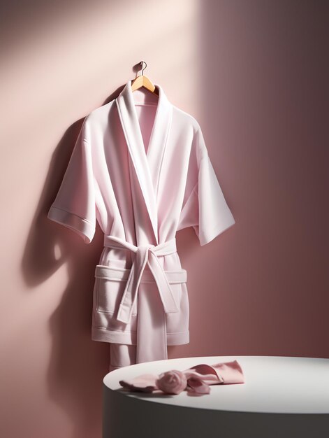 Photo a pink bathrobe hangs on a wall next to a white bathrobe.