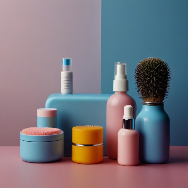 Photo a pink bathroom counter with various toiletries and a blue container of soap