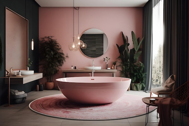 A pink bathroom with a round mirror and a pink bathtub.