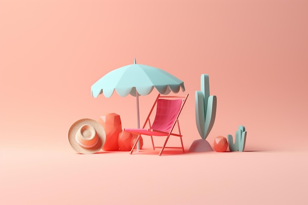 A pink beach chair with a blue umbrella sits in front of a cactus and a hat.