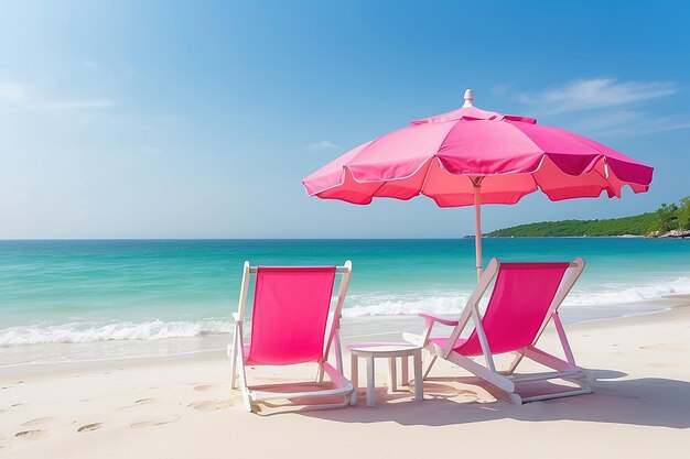  모래에 해변 우산과 함께 분홍색 해변 의자 바다 전망 배경 여름 개념