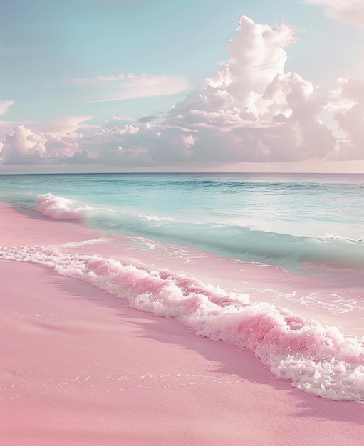 a pink beach with a pink and blue water and a pink and white cloud