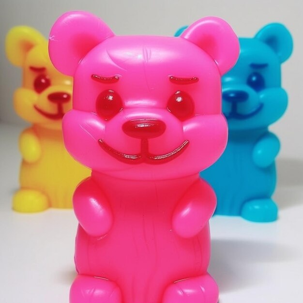 A pink bear with a red eye is standing next to a yellow bear.