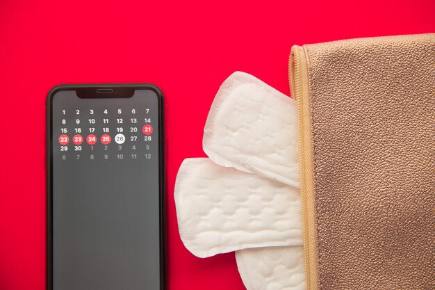 Pink beautician with daily cotton sanitary pads and mobile application to track your menstrual cycle.