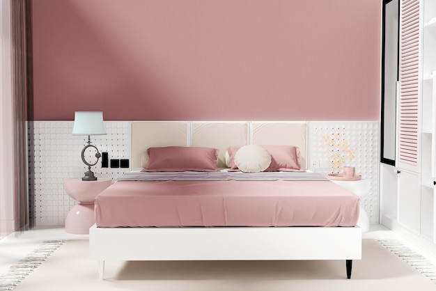 Розовая интерьер спальни с кроватью и копировальным пространством 3D рендеринг