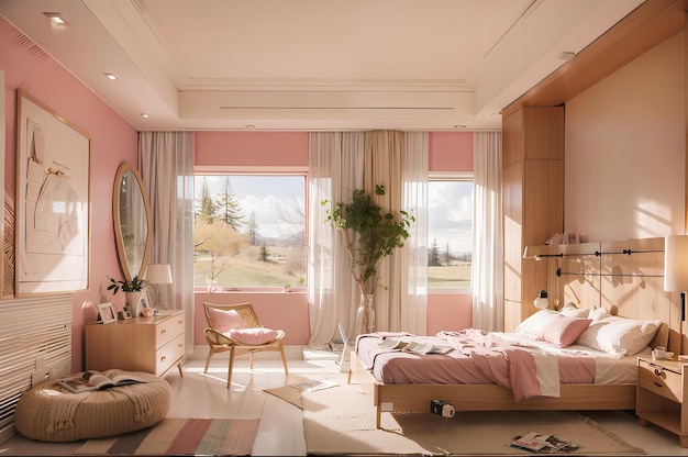 The pink bedroom is equipped with a dressing table and a glass wall