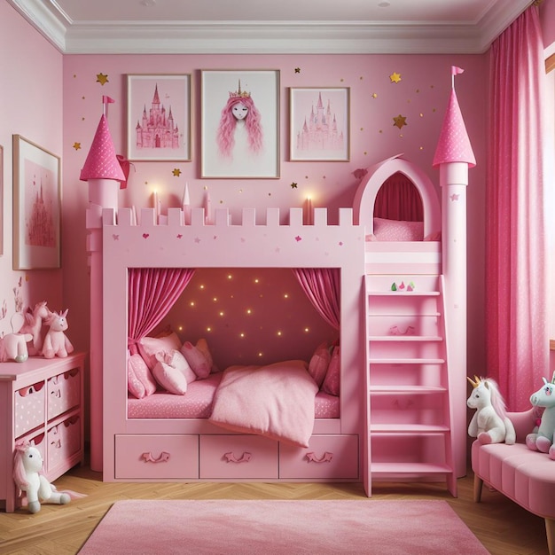 a pink bedroom with a bed and a pink bed with pink curtains and a picture of a princess on the wall