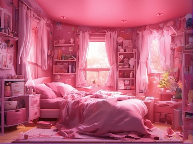 Pink bedroom with a bed and a shelf of books