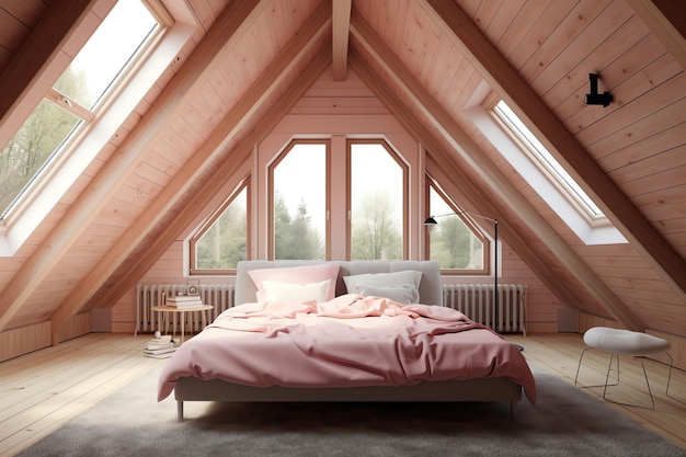 A pink bedroom with a bed and a window