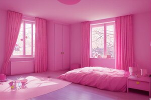 Camera da letto rosa con decorazioni delicate camera con mobili letto comodino moquette e grandi finestre luminose illustrazione 3d