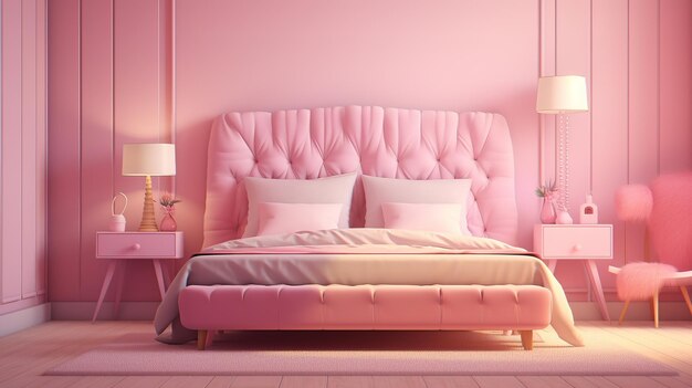 繊細な装飾が施されたピンクのベッドルーム家具ベッドナイトスタンドカーペットと大きな明るい窓のある部屋