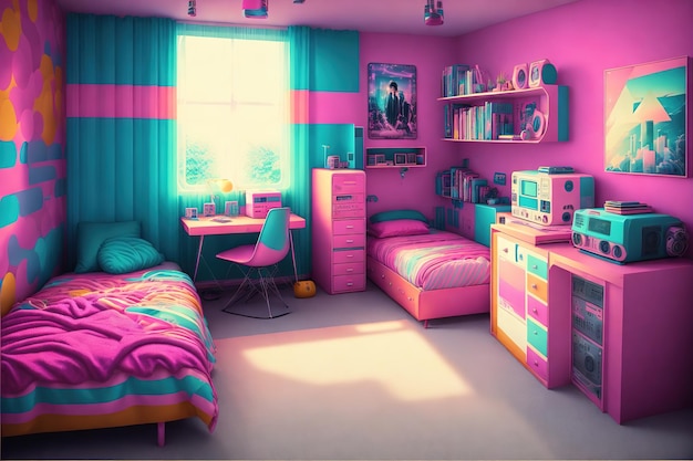 A pink bedroom with a desk and a desk with a poster that says'the room is pink '