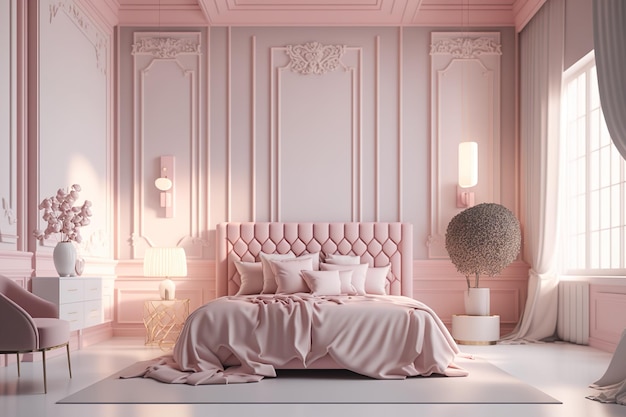 A pink bedroom with a large bed and a lamp on the wall.