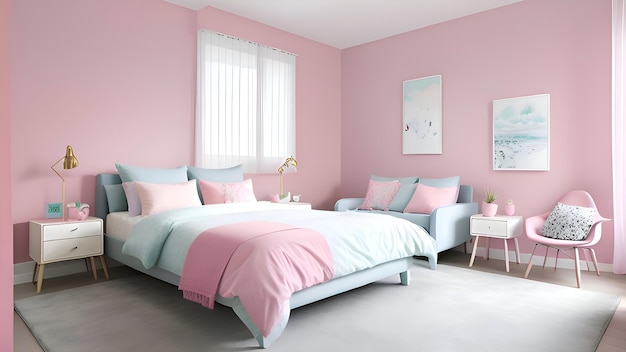 A pink bedroom with a pink and blue bedding and a pink and white picture