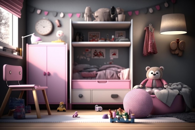 A pink bedroom with a pink dresser and a pink dresser with a teddy bear on it.