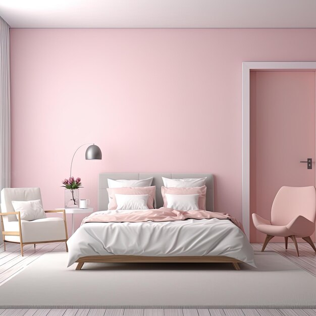 Premium Photo | A pink bedroom with a pink wall and a pink chair.