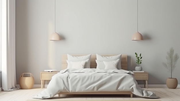 흰색 침대가 있는 분홍색 침실과 벽에 액자가 있는 그림.