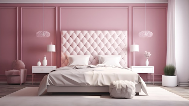 A pink bedroom with a white bed and a white headboard.