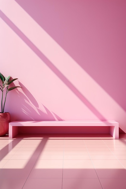 Pink bench and plant in front of pink wall