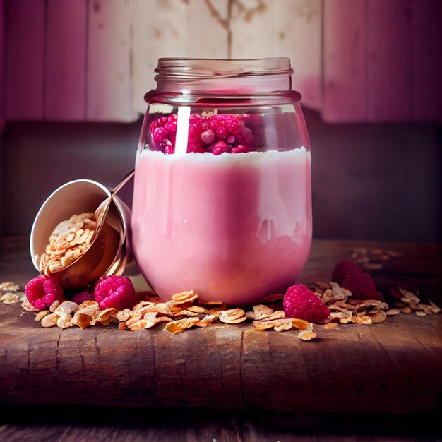 Pink berry yogurt in glass jar and oatmeal on the wooden table healthy breakfast with muesli and