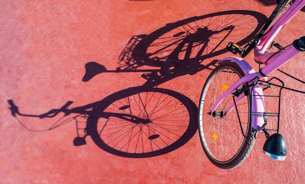 Pink bicycle casts a shadow