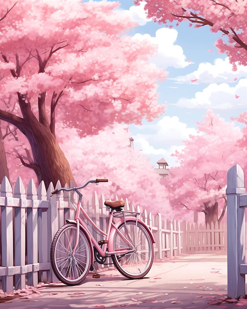 Pink Bicycle Next to White Fence and Flowering Bush