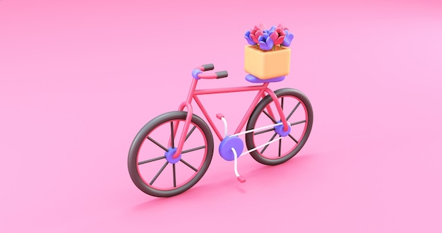 꽃 바구니와 함께 분홍색 자전거 3d 렌더링