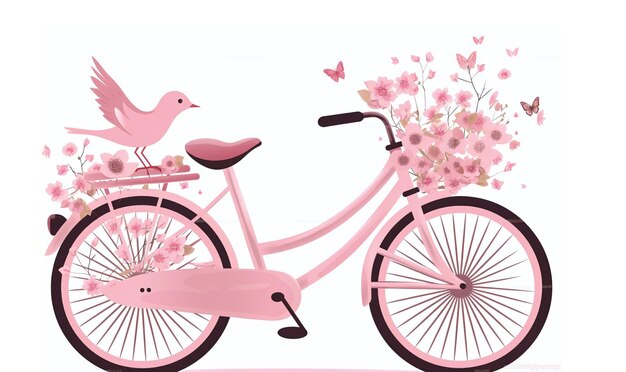 Photo pink bicycle with hearts and a dove on the trunk on a white background or card for valentine's day