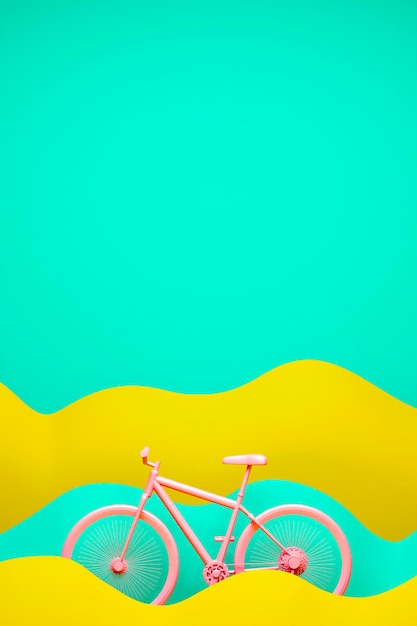 Pink bicycle on yellow and blue paper waves background 3D rendering