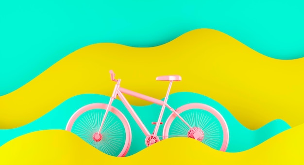 Pink bicycle on yellow and blue paper waves background 3D rendering