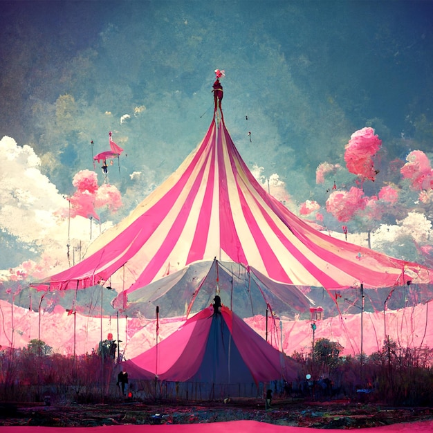 Pink big top circus tent abstract illustration, balloons, cotton candy pink with vertical stripes