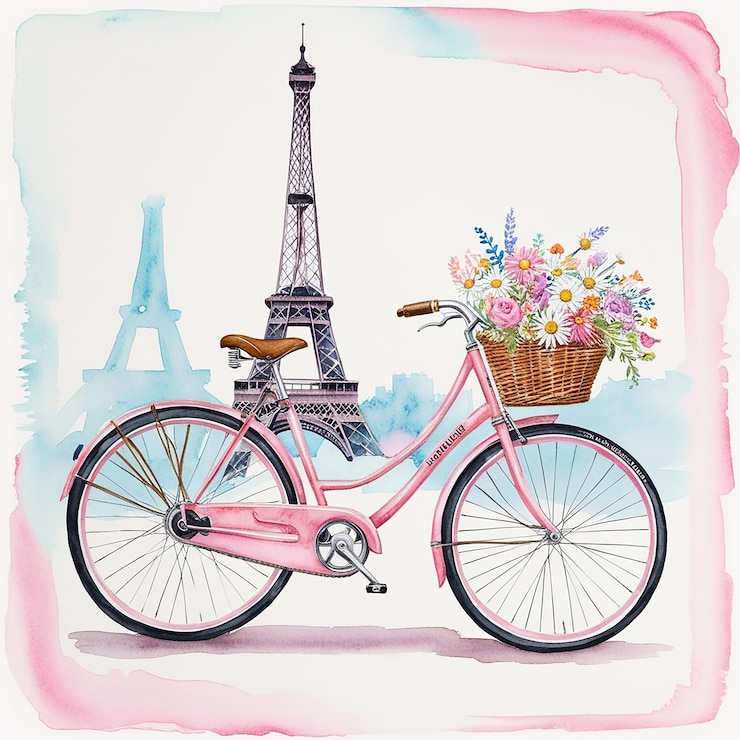 a pink bike with a basket of flowers in front of it